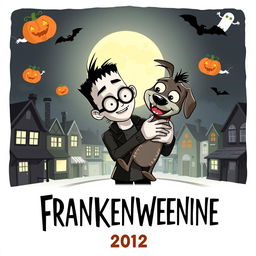 A whimsical teaser poster for 'Frankenweenie (2012)', featuring the main character, Victor Frankenstein, holding his beloved pet dog Sparky, who has been brought back to life