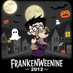A whimsical teaser poster for 'Frankenweenie (2012)', featuring the main character, Victor Frankenstein, holding his beloved pet dog Sparky, who has been brought back to life