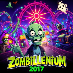 A captivating teaser poster for 'Zombillenium (2017)', showcasing a lively amusement park filled with quirky, cartoonish zombies and monsters