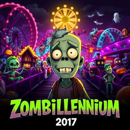 A captivating teaser poster for 'Zombillenium (2017)', showcasing a lively amusement park filled with quirky, cartoonish zombies and monsters