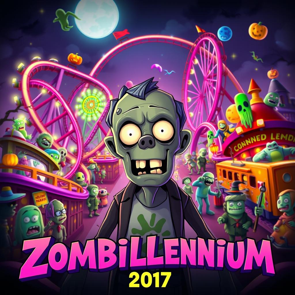 A captivating teaser poster for 'Zombillenium (2017)', showcasing a lively amusement park filled with quirky, cartoonish zombies and monsters