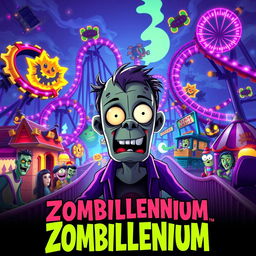 A captivating teaser poster for 'Zombillenium (2017)', showcasing a lively amusement park filled with quirky, cartoonish zombies and monsters