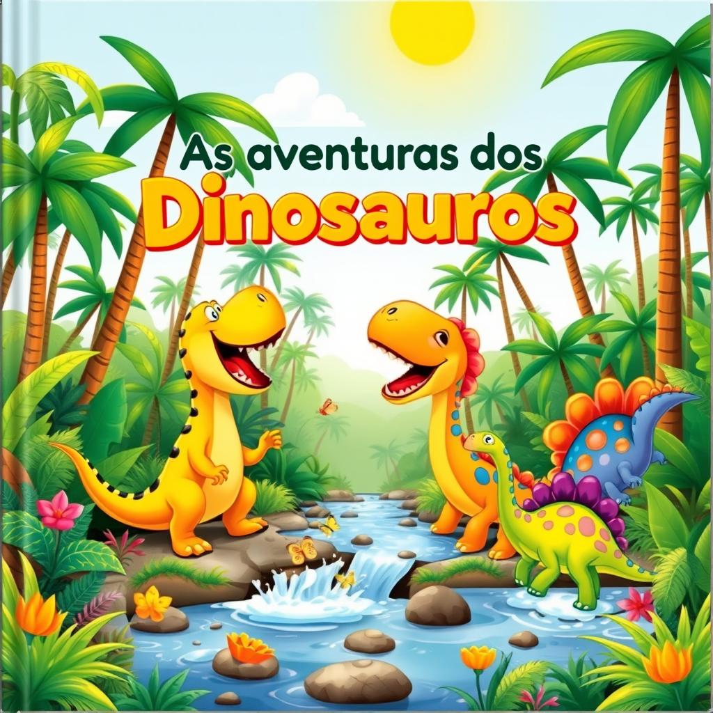 A vibrant and whimsical children's book cover featuring friendly, cartoon-style dinosaurs happily playing in a lush, prehistoric jungle