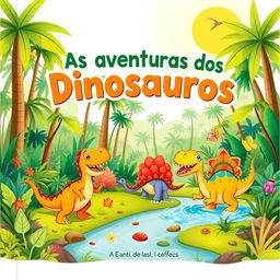 A vibrant and whimsical children's book cover featuring friendly, cartoon-style dinosaurs happily playing in a lush, prehistoric jungle