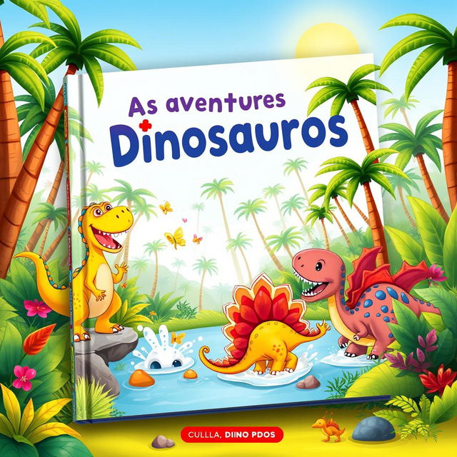 A vibrant and whimsical children's book cover featuring friendly, cartoon-style dinosaurs happily playing in a lush, prehistoric jungle