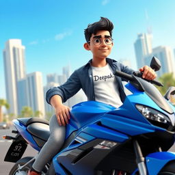 A 3D animated character named Deepak, who is 20 years old, wearing a stylish casual shirt underneath a white t-shirt