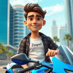 A 3D animated character named Deepak, who is 20 years old, wearing a stylish casual shirt underneath a white t-shirt