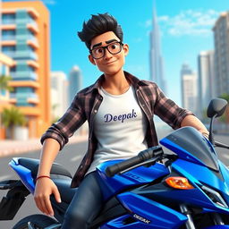 A 3D animated character named Deepak, who is 20 years old, wearing a stylish casual shirt underneath a white t-shirt