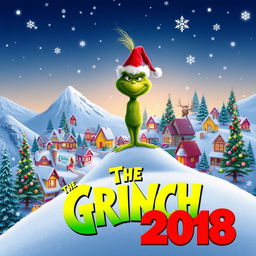A festive teaser poster for 'The Grinch (2018)', showcasing the iconic character with his mischievous grin nestled in a snowy, whimsical Whoville setting