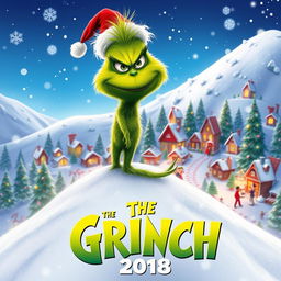 A festive teaser poster for 'The Grinch (2018)', showcasing the iconic character with his mischievous grin nestled in a snowy, whimsical Whoville setting