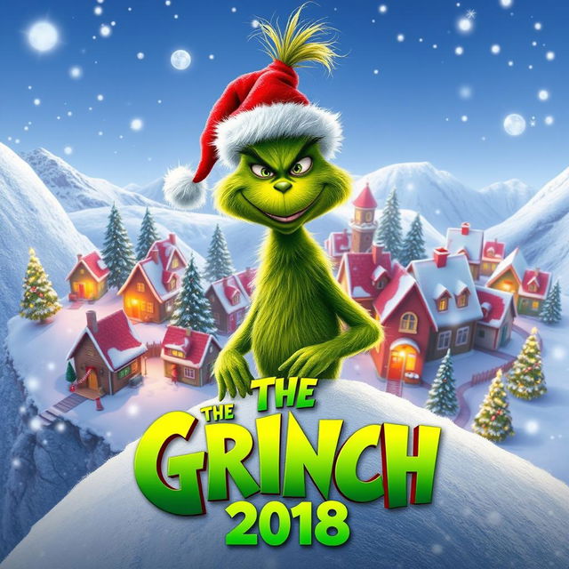 A festive teaser poster for 'The Grinch (2018)', showcasing the iconic character with his mischievous grin nestled in a snowy, whimsical Whoville setting