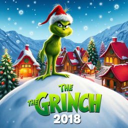 A festive teaser poster for 'The Grinch (2018)', showcasing the iconic character with his mischievous grin nestled in a snowy, whimsical Whoville setting