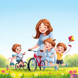A digital illustration of a loving and nurturing mother, surrounded by her children in a sunny park