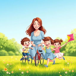 A digital illustration of a loving and nurturing mother, surrounded by her children in a sunny park
