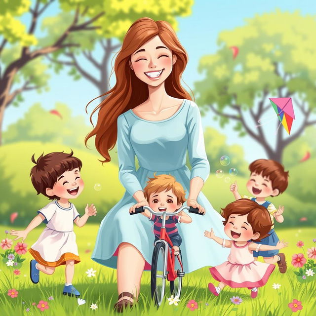 A digital illustration of a loving and nurturing mother, surrounded by her children in a sunny park