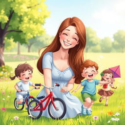 A digital illustration of a loving and nurturing mother, surrounded by her children in a sunny park