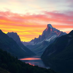 A breathtaking landscape featuring majestic mountains in a rich tapestry of colors during sunset, showcasing their towering peaks and rugged terrain