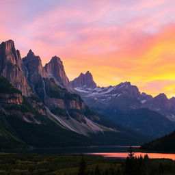 A breathtaking landscape featuring majestic mountains in a rich tapestry of colors during sunset, showcasing their towering peaks and rugged terrain