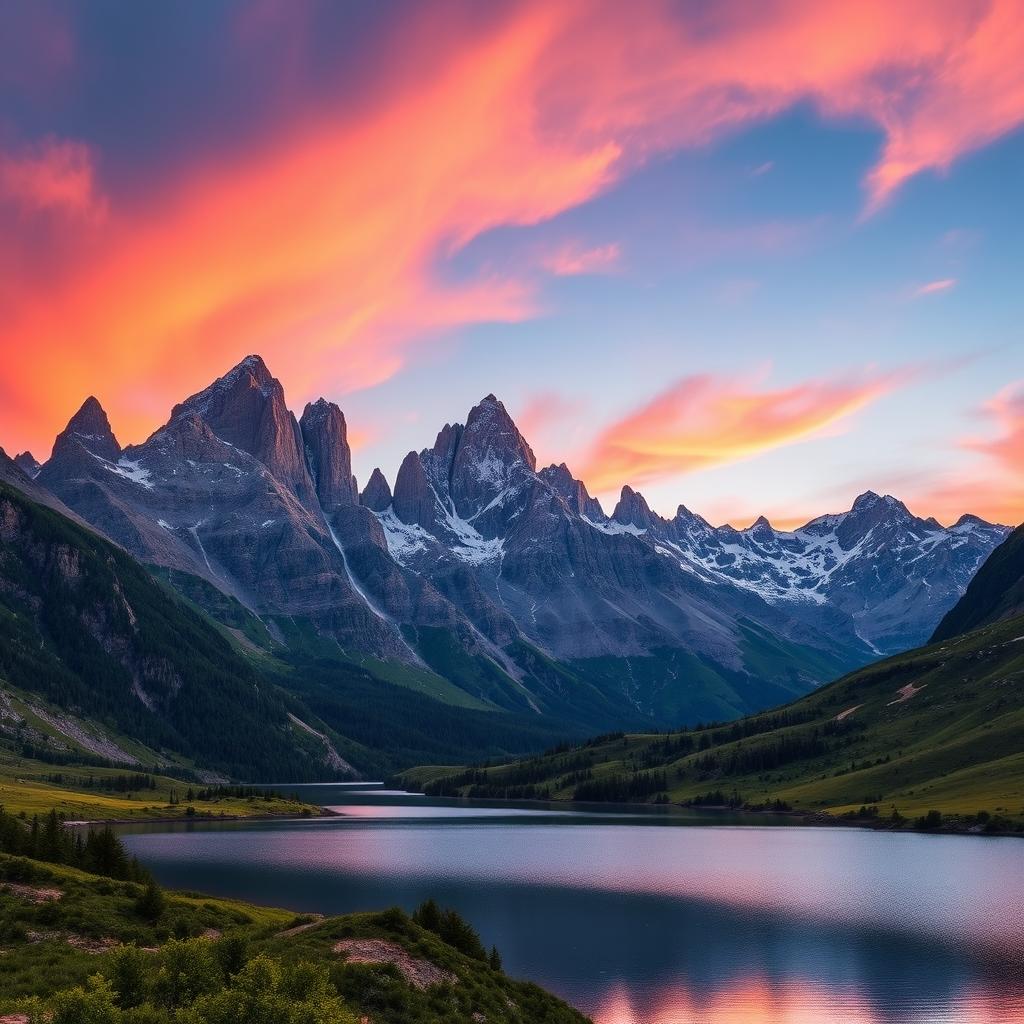 A breathtaking landscape featuring majestic mountains in a rich tapestry of colors during sunset, showcasing their towering peaks and rugged terrain