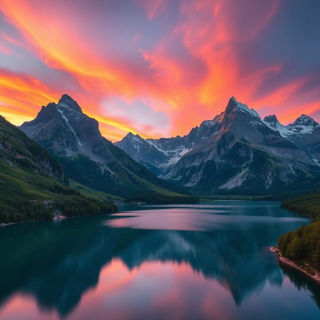 A breathtaking landscape featuring majestic mountains in a rich tapestry of colors during sunset, showcasing their towering peaks and rugged terrain