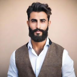 A real-life, high-quality photograph of a very handsome young Arab man with a beard