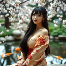 A sexy Japanese woman, elegantly submissive, displaying a captivating expression