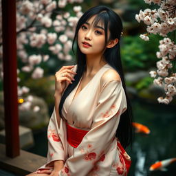 A sexy Japanese woman, elegantly submissive, displaying a captivating expression