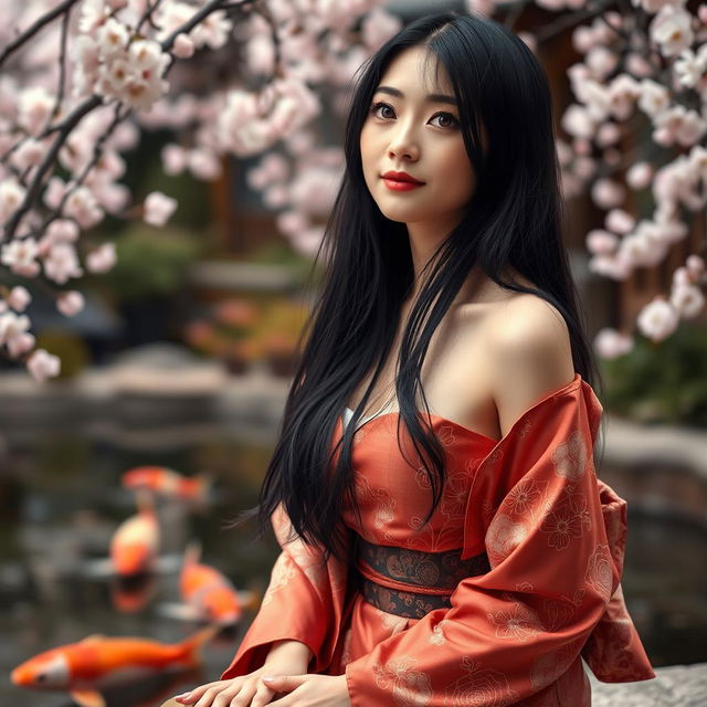 A sexy Japanese woman, elegantly submissive, displaying a captivating expression