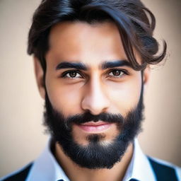 A real-life, high-quality photograph of a very handsome young Arab man with a beard