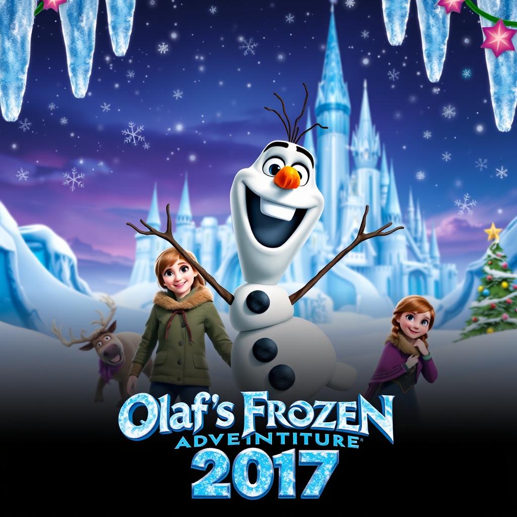 A joyful teaser poster for 'Olaf's Frozen Adventure (2017)', prominently featuring Olaf the snowman with his cheerful grin and twig arms