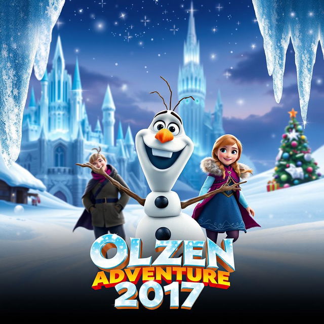 A joyful teaser poster for 'Olaf's Frozen Adventure (2017)', prominently featuring Olaf the snowman with his cheerful grin and twig arms