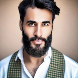 A real-life, high-quality photograph of a very handsome young Arab man with a beard