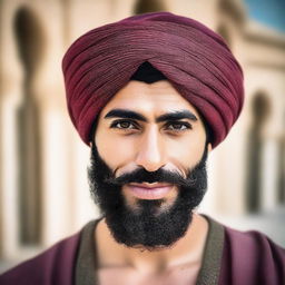 A real-life, high-quality photograph of a very handsome young Arab man with a beard and wearing a turban