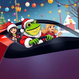 A vibrant vector style illustration featuring Pepe the Frog dressed as Santa Claus, joyfully driving a sleek red Lamborghini