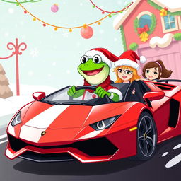 A vibrant vector style illustration featuring Pepe the Frog dressed as Santa Claus, joyfully driving a sleek red Lamborghini