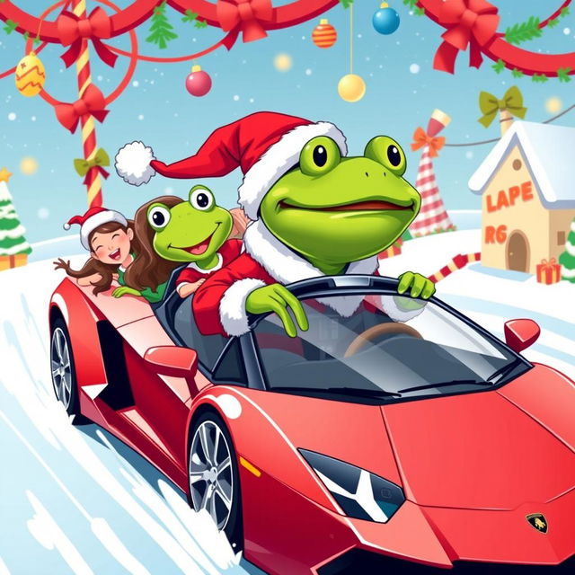 A vibrant vector style illustration featuring Pepe the Frog dressed as Santa Claus, joyfully driving a sleek red Lamborghini