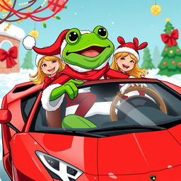 A vibrant vector style illustration featuring Pepe the Frog dressed as Santa Claus, joyfully driving a sleek red Lamborghini