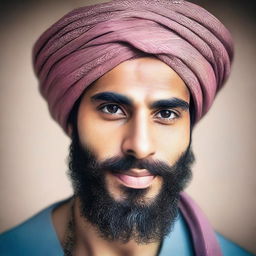 A real-life, high-quality photograph of a very handsome young Arab man with a beard and wearing a turban