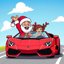 A cartoon character inspired by Pepe, dressed in a Red Santa Claus outfit, joyfully driving a sleek red Lamborghini