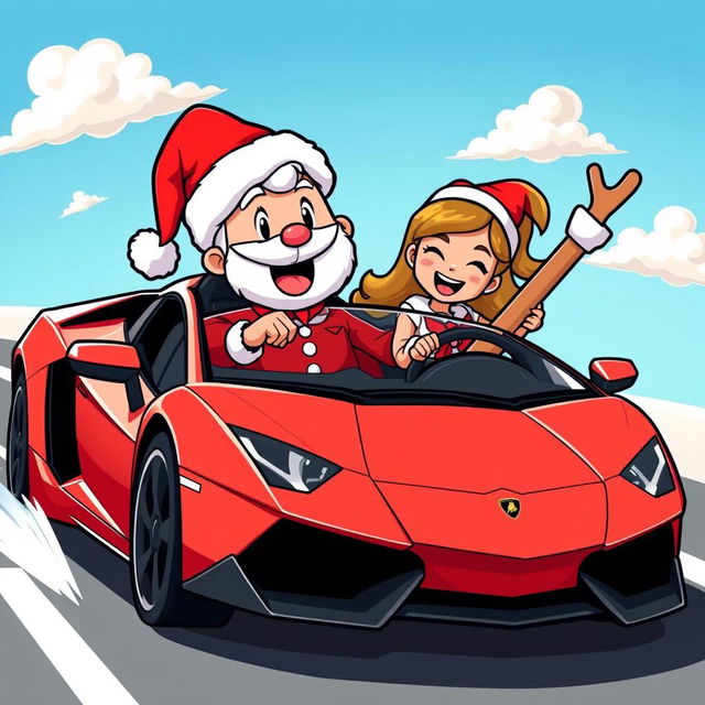 A cartoon character inspired by Pepe, dressed in a Red Santa Claus outfit, joyfully driving a sleek red Lamborghini