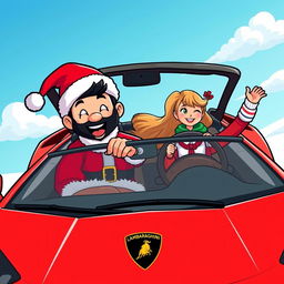 A cartoon character inspired by Pepe, dressed in a Red Santa Claus outfit, joyfully driving a sleek red Lamborghini