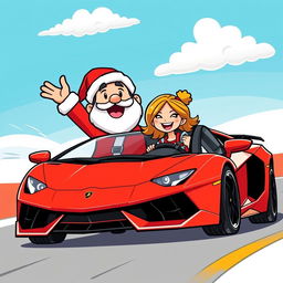 A cartoon character inspired by Pepe, dressed in a Red Santa Claus outfit, joyfully driving a sleek red Lamborghini