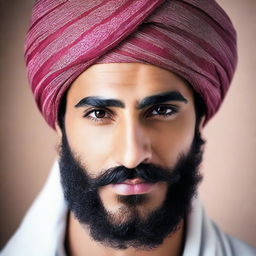 A real-life, high-quality photograph of a very handsome young Arab man with a beard and wearing a turban