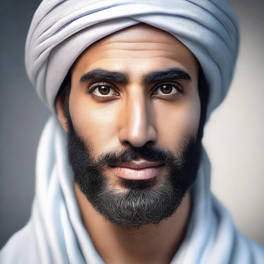 A hyper-realistic image of a very handsome young Arab man with a beard and wearing a turban