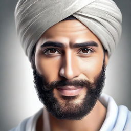 A hyper-realistic image of a very handsome young Arab man with a beard and wearing a turban