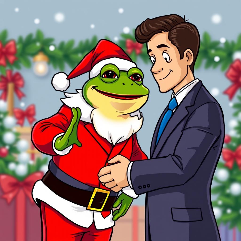 A cheerful Pepe the Frog dressed as Santa Claus, complete with a red suit and hat, extending his hand for a handshake with a sharply dressed businessman in a formal suit