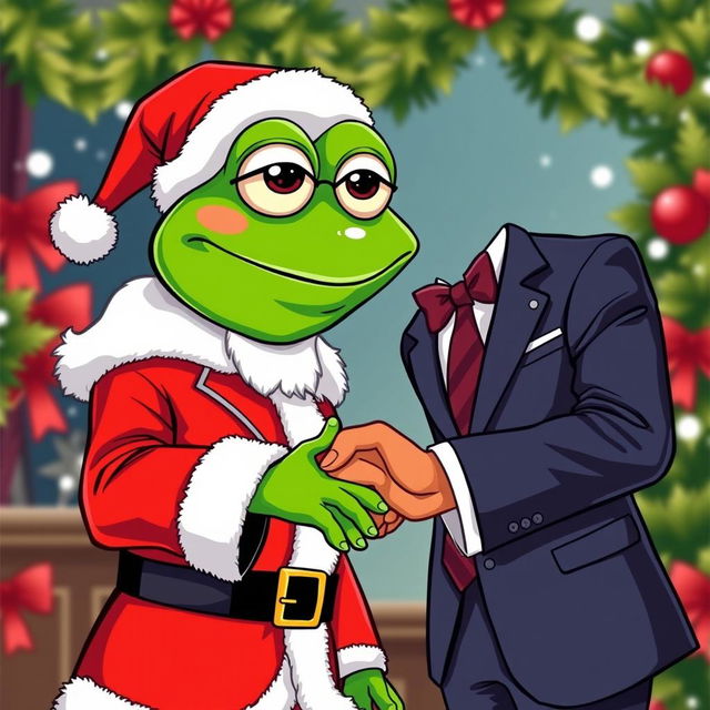 A cheerful Pepe the Frog dressed as Santa Claus, complete with a red suit and hat, extending his hand for a handshake with a sharply dressed businessman in a formal suit