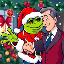 A cheerful Pepe the Frog dressed as Santa Claus, complete with a red suit and hat, extending his hand for a handshake with a sharply dressed businessman in a formal suit