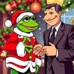 A cheerful Pepe the Frog dressed as Santa Claus, complete with a red suit and hat, extending his hand for a handshake with a sharply dressed businessman in a formal suit