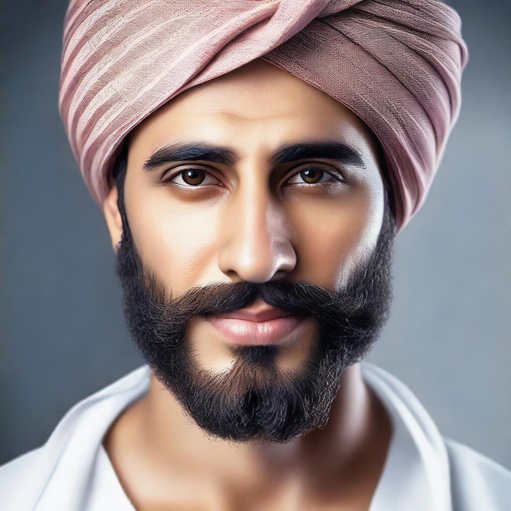 A hyper-realistic image of a very handsome young Arab man with a beard and wearing a turban